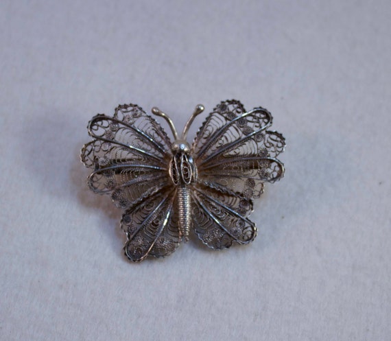 Vintage Filigree Silver Butterfly Brooch - image 1