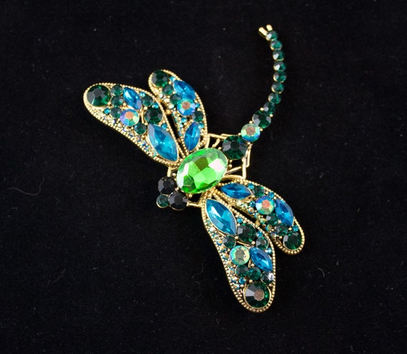 Vintage 1980's Large Green and Blue Rhinestone Dr… - image 1