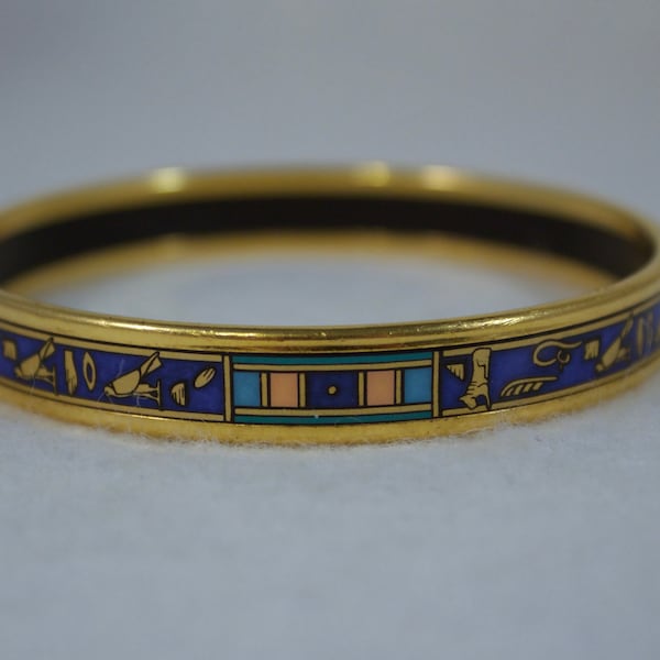 c1980's Michaela Frey 24kt Gold Plated Enameled Bangle Bracelet, Egyptian Revival Design