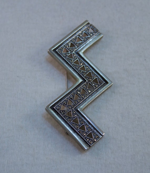 Sterling Art Deco M - Zig Zag Modernist Brooch - image 2