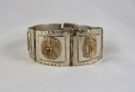 C1940's Vintage Taxco Sterling Panel Bracelet With Gold Pre