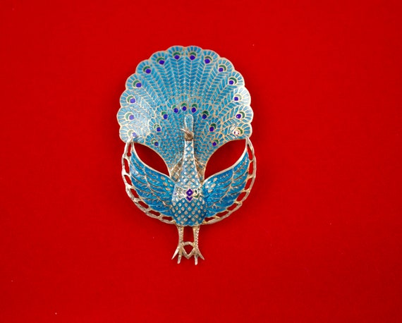 Vintage Turquoise Enameled Siam Peacock Brooch, G… - image 1