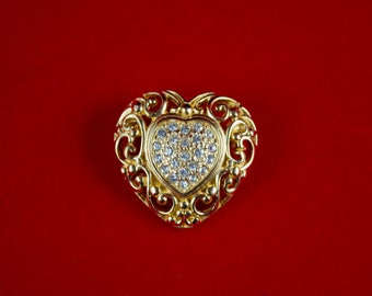 c1980's Christian Dior Gold Plated Heart With Pave Crystals Brooch