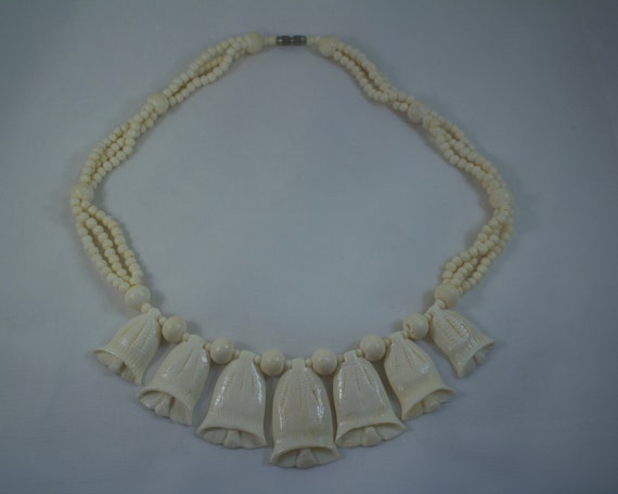 1980's Hand Carved Ox Bone Blue Bells Flower and T