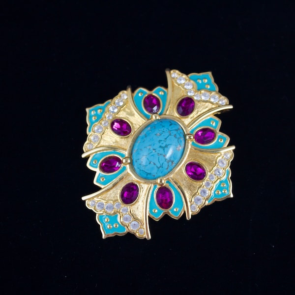Vintage Alana Stewart Maltese Cross Pendant Brooch with Faux Turquoise and Amethyst Crystals