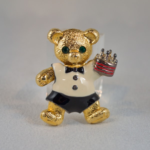 Rare Edgar Berebi Enameled Teddy Bear Brooch with Birthday Cake