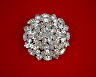 c1960's Joseph Warner Crystal Rhinestone Domed Flower Brooch