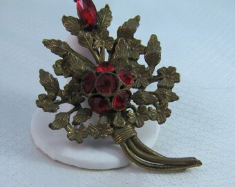 Victorian Brass Brooch: Red Rhinestone Flower & Leaves, c1920s