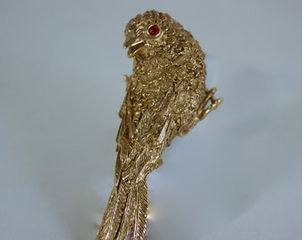 Rare Erwin Pearl 18k Gold Plated Finch Brooch with Ruby Rhinestones Eyes