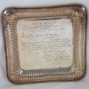 Vintage Military Presentation Nickel Silver Tray, Connecticut Quartermaster General Office Brig Gen. George Newton Presentation
