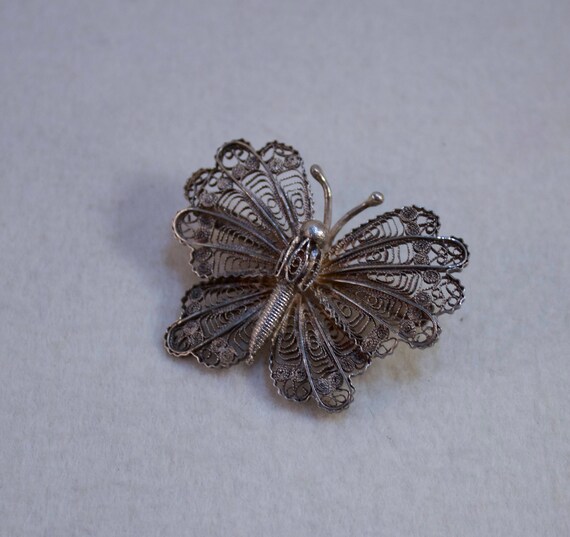 Vintage Filigree Silver Butterfly Brooch - image 4