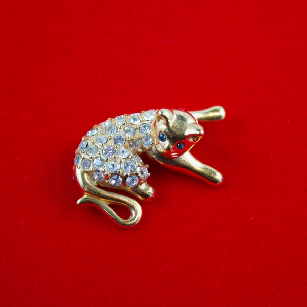 Rare Vintage Krementz Gold Plated Pavee' Crystal Cat Brooch