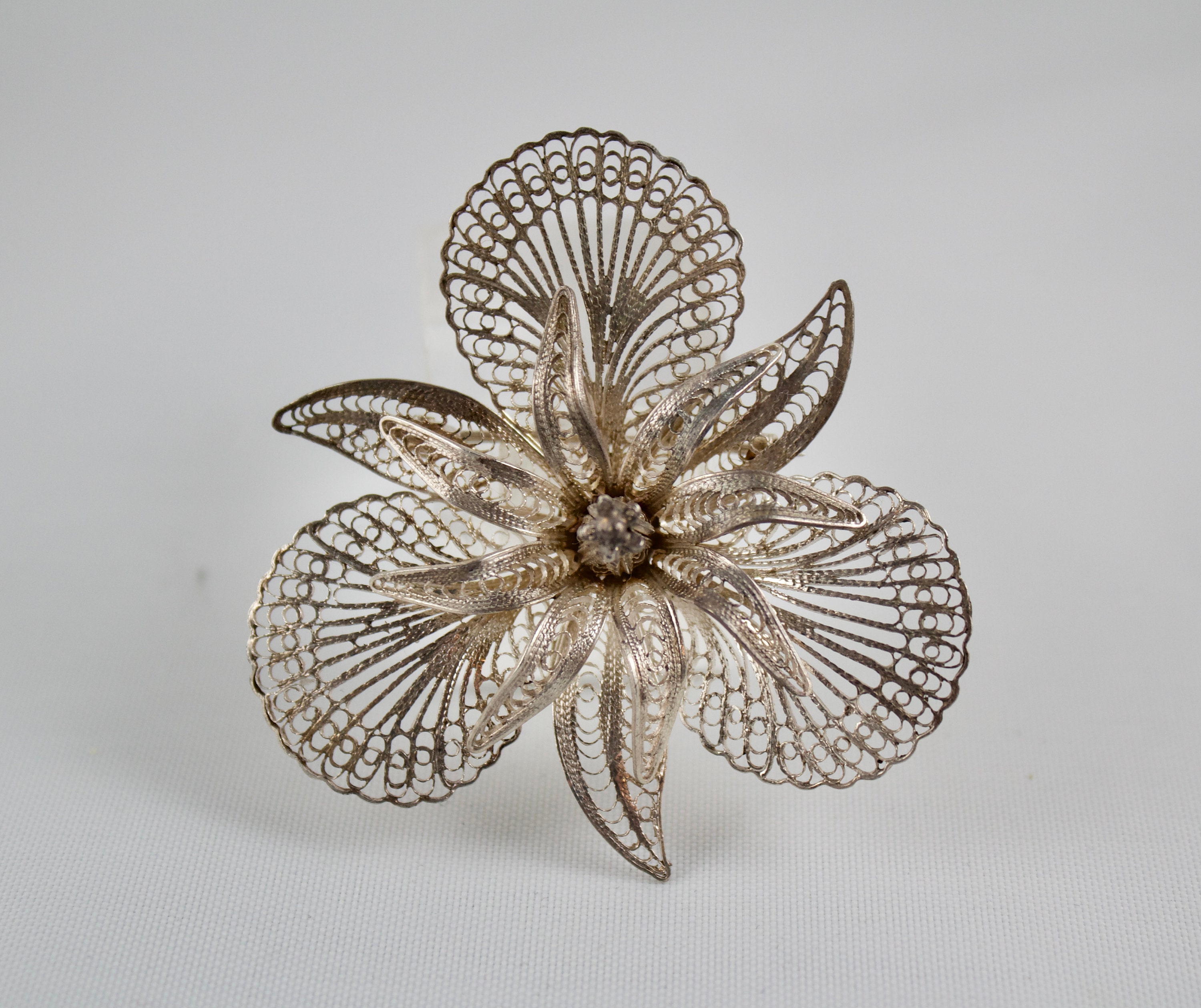 Broche Ancienne En Filigrane D'argent 800‰ Motif Orchidée - Bijou Vintage