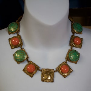 1950&#39;s Revival Brass Panel Necklace with Orange Cabochons and Dragons