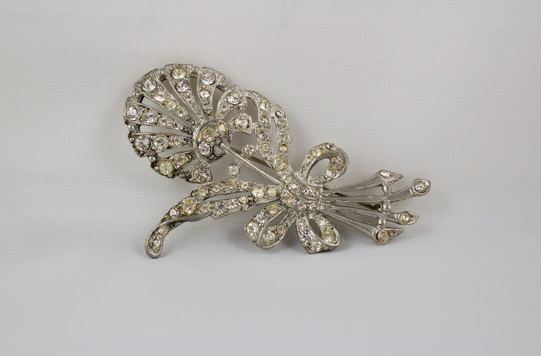 Broche Ancienne Art Déco En Laiton Et Strass – Années 30, Occasion, Bijou Vintage