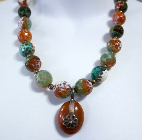 Handmade Wildhorse Jasper Glass /& Bronze Oxide Beaded Necklace