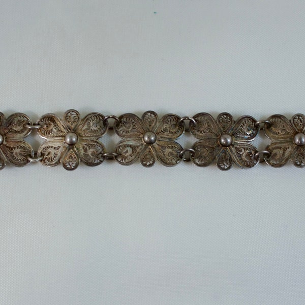 Mexico c1940's Filigree Silver Floral Link Bracelet