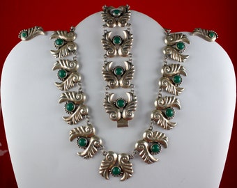 1950's Mid Century Mexico Sterling Silver Fern Necklace, Bracelet, Earrings Demi Parure Set