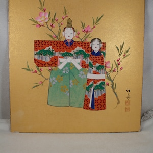 Kimono tradicional de acuarela con tablero de arte shikishi japonés vintage