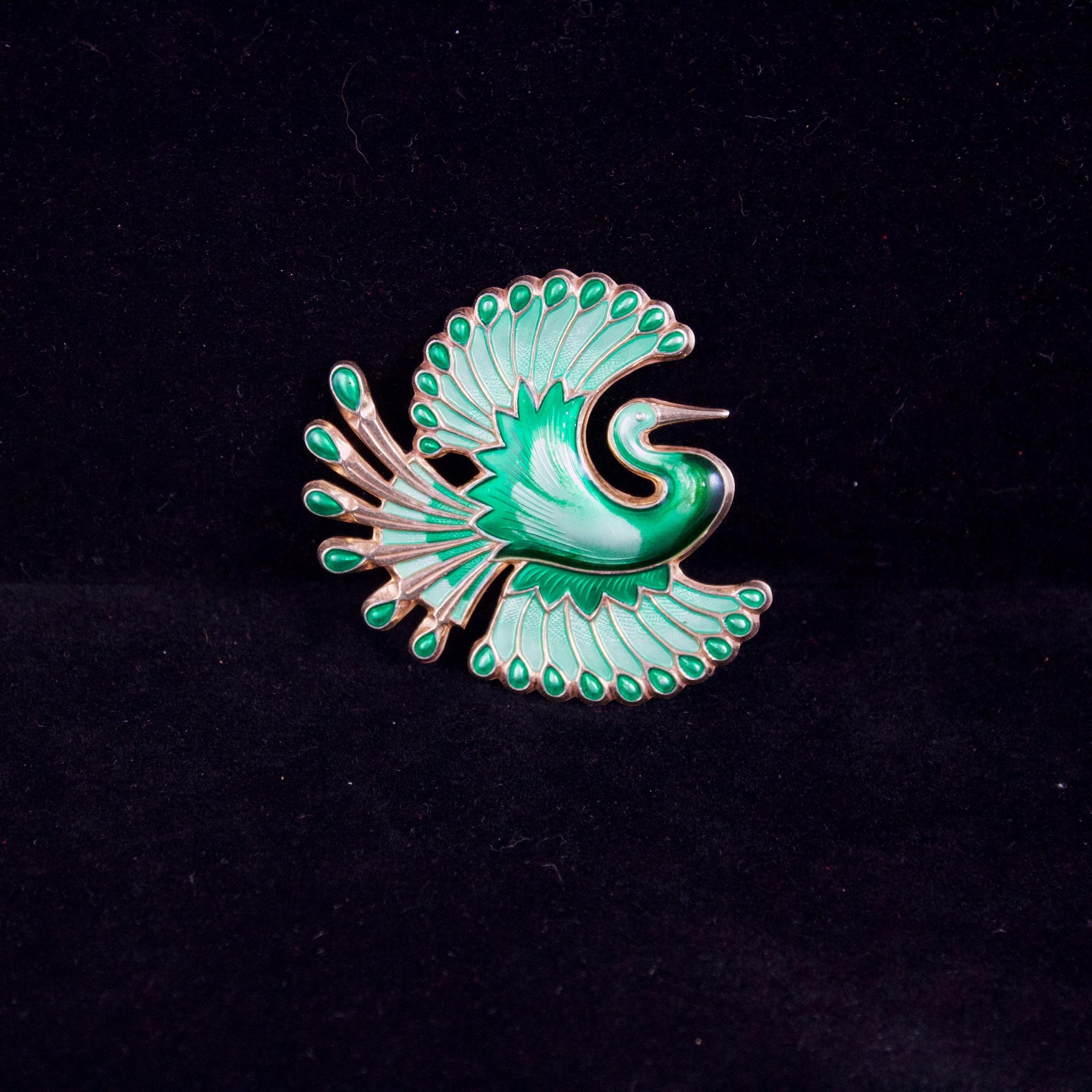 Vintage David Andersen Sterling Enamel Crane Brooch: Mint Green