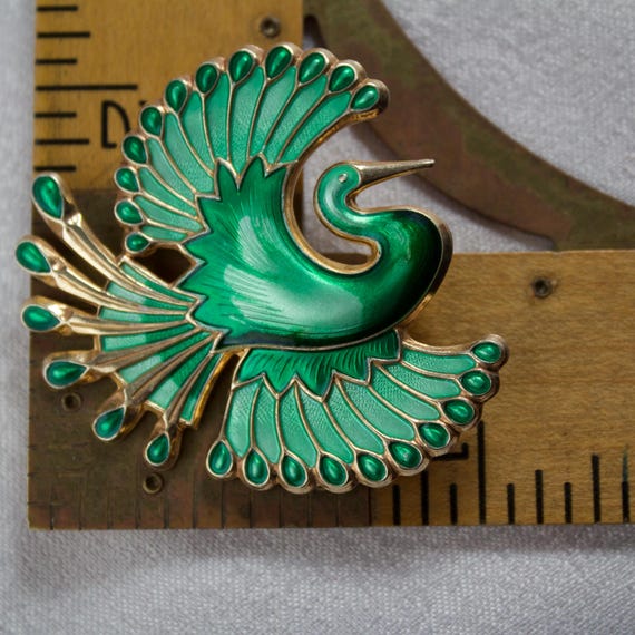 Vintage David Andersen Sterling Enamel Crane Brooch: Mint Green