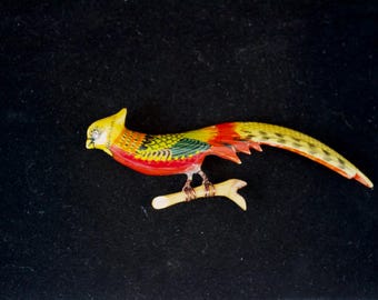 Vintage Takahashi Style Hand Painted Wood Parrot Brooch