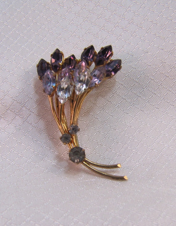 1940's Amethyst Rhinestone Wheat Brooch, Gold Fil… - image 4