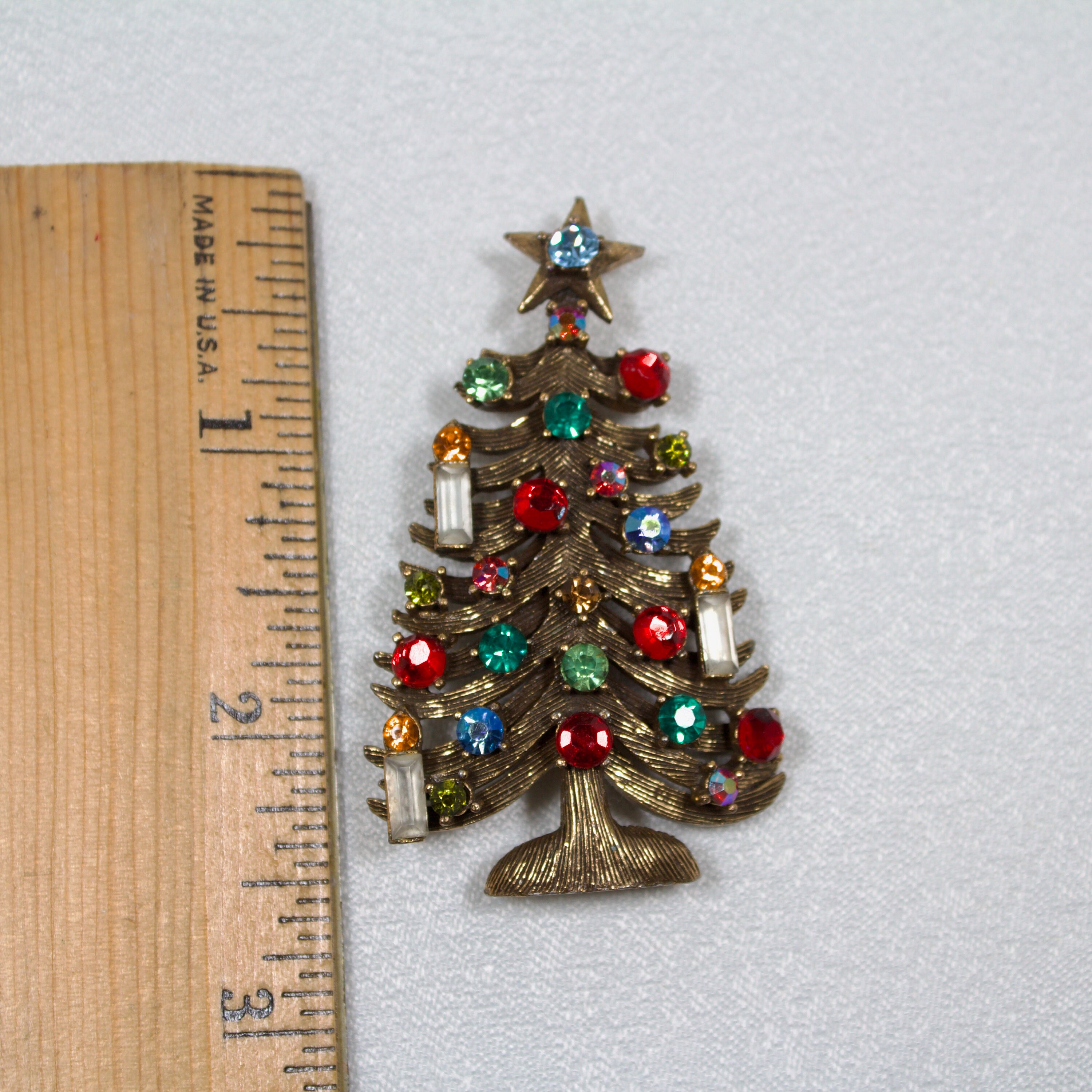 Rare Vintage Weiss Gold Christmas Tree Colored Rhinestones and 3
