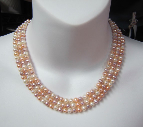 Collana Bijou Tre File Con Perle D'acqua Dolce - Placcata Oro - Foto 4