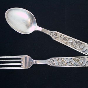 Vintage David Andersen Sterling Silver Childs Fork and Spoon Set: Rabbit, Fox, Bear