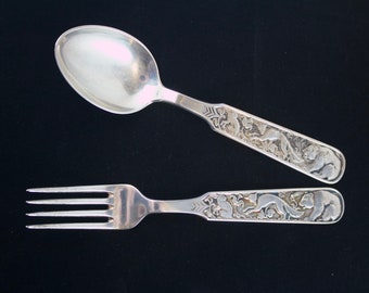Mid Century David Andersen 830 Sterling Rabbit, Fox, and Bear Childs Fork and Spoon Set