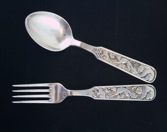 Mid Century David Andersen 830 Sterling Rabbit, Fox, and Bear Childs Fork and Spoon Set