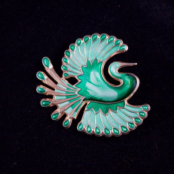 デヴィッドアンデルセン　青い鳥　ブローチ Vintage David Andersen Sterling Enamel Crane Brooch: Mint Green
