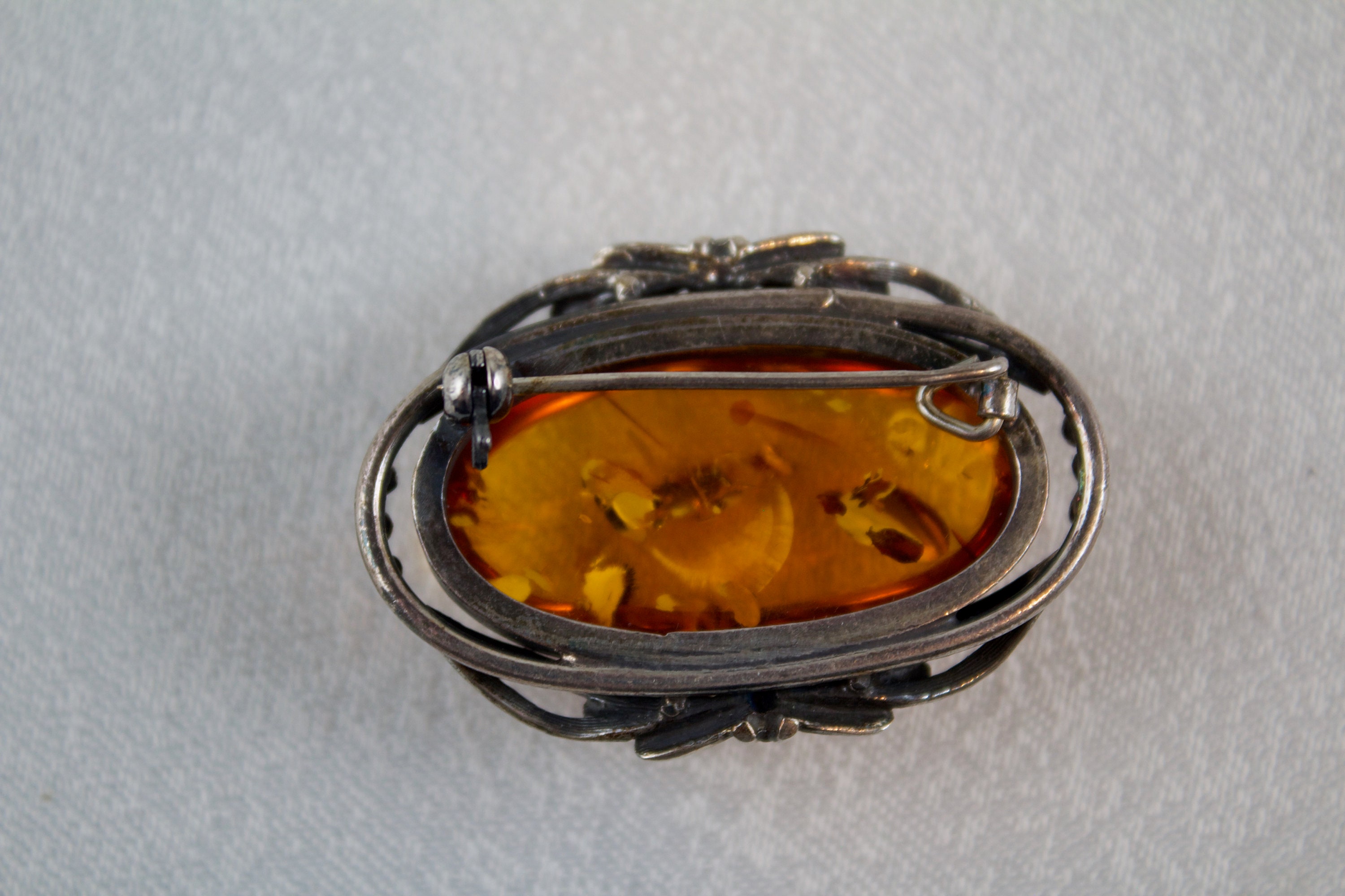 Broche Ancienne Art Nouveau En Argent Massif 925 Et Ambre - 4.5 Cm, 13.8 Gr, Poinçonnée