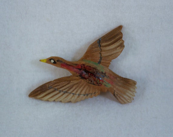 Vintage Hand Carved Wood Flying Duck Brooch - image 1