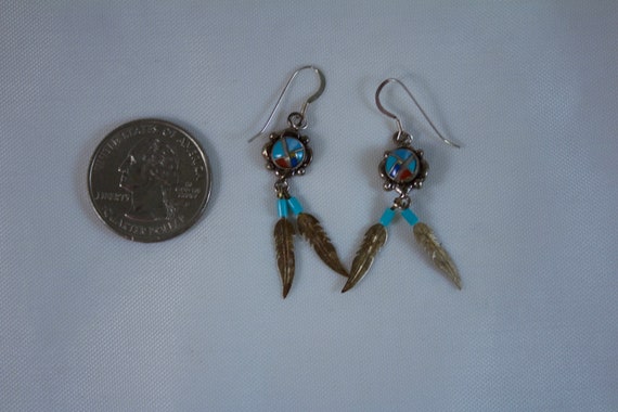 Navajo Styled Sterling Inlaid Button Dangle Earri… - image 4