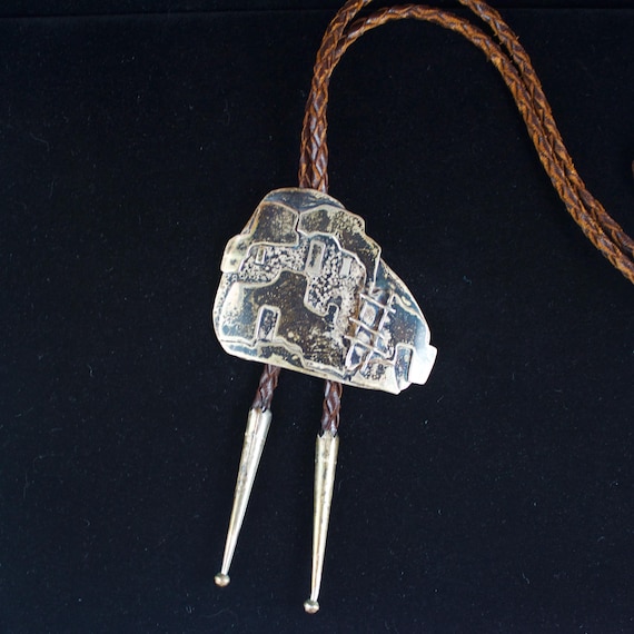 Vintage Native American Hopi Overlay Style Silver Bolo, Pueblo or Cliff Dwelling