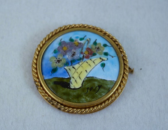 Edwardian Enameled Vase Brooch: Hand Painted Floral Pin, Artist Signed