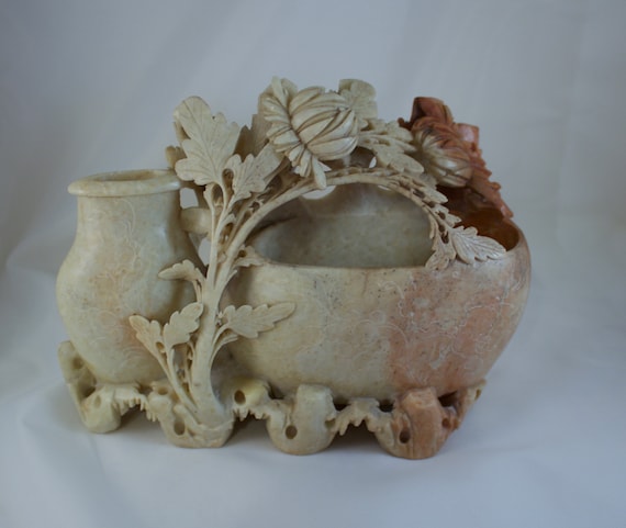 アンティーク 石彫 花瓶 Vintage Chinese Carved Stone Vase with Chrysanthemum Flowers
