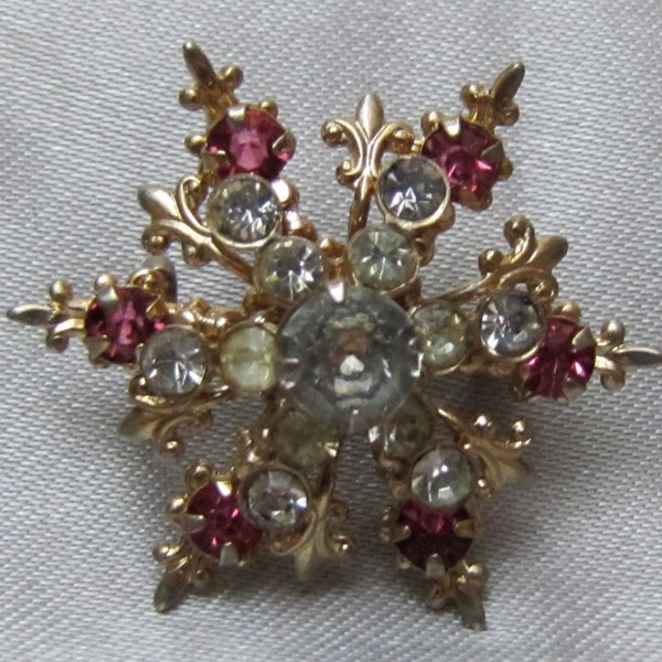 1950's Snowflake Pink Rhinestone Brooch