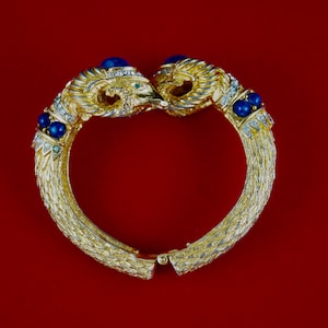 Rare Signed Cadoro Double Rams Head Hinged Bangle Bracelet with Simulated Lapis and Crystal Rhinestones