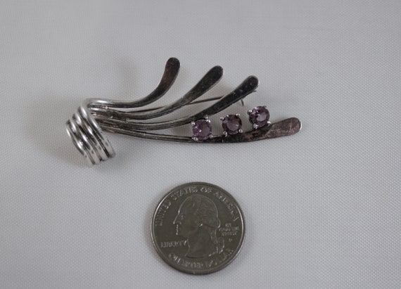 Mid Century Unmarked Silver Brooch with Amethyst … - image 3