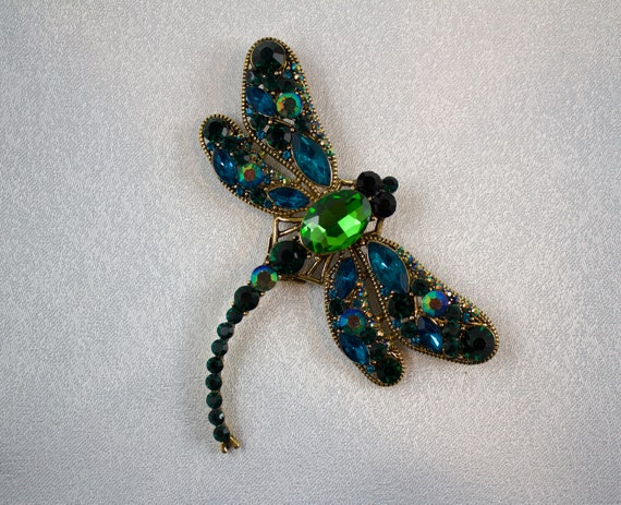 Vintage 1980's Large Green and Blue Rhinestone Dr… - image 3