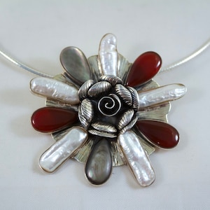 1980&#39;s Sterling Flower Pendant with Freshwater Pearls, Mother of Pearl and Carnelian Petals