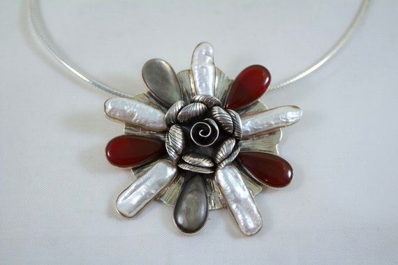 1980's Sterling Flower Pendant with Freshwater Pe… - image 1