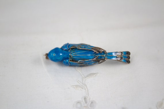 Vintage Chinese Export Enameled Silver Blue Bird … - image 2