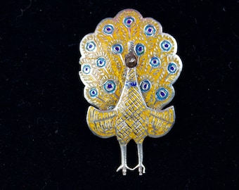 Vintage Yellow Enameled Siam Peacock Brooch Sterling