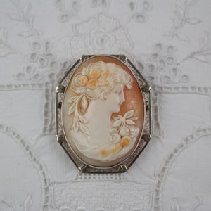 Vintage Victorian Cameo Pendant or Brooch Set in 14kt White Gold image 2