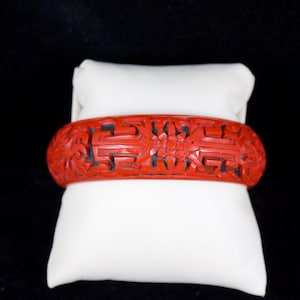 Vintage Hand Carved Red Cinnabar Wide Bangle Bracelet