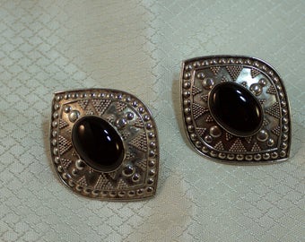 Southwestern Styled Sterling Shield Earrings with Onyx Centers